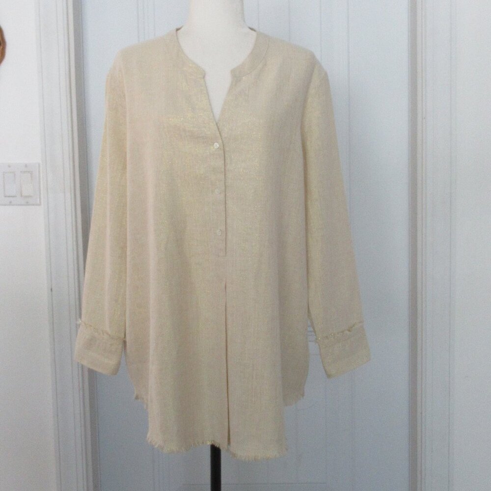 New Nic+Zoe Tunic Blouse Sz L Cotton Linen Blend Long Slv, Frayed Hem Beige Gold